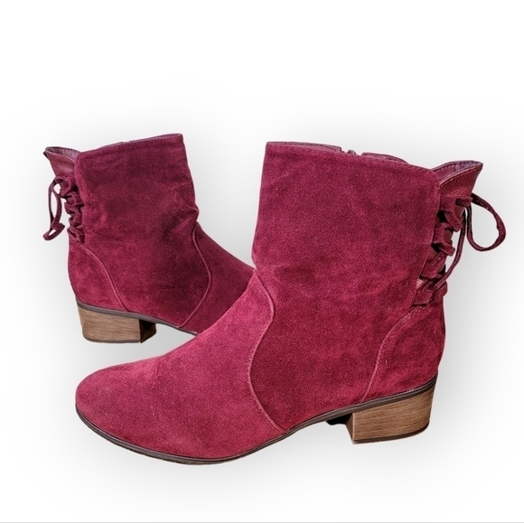 Breckelles Houston-14 Vegan Suede Chunky Heel Wine Lace Up Back Boot Size 8 - Picture 16 of 16